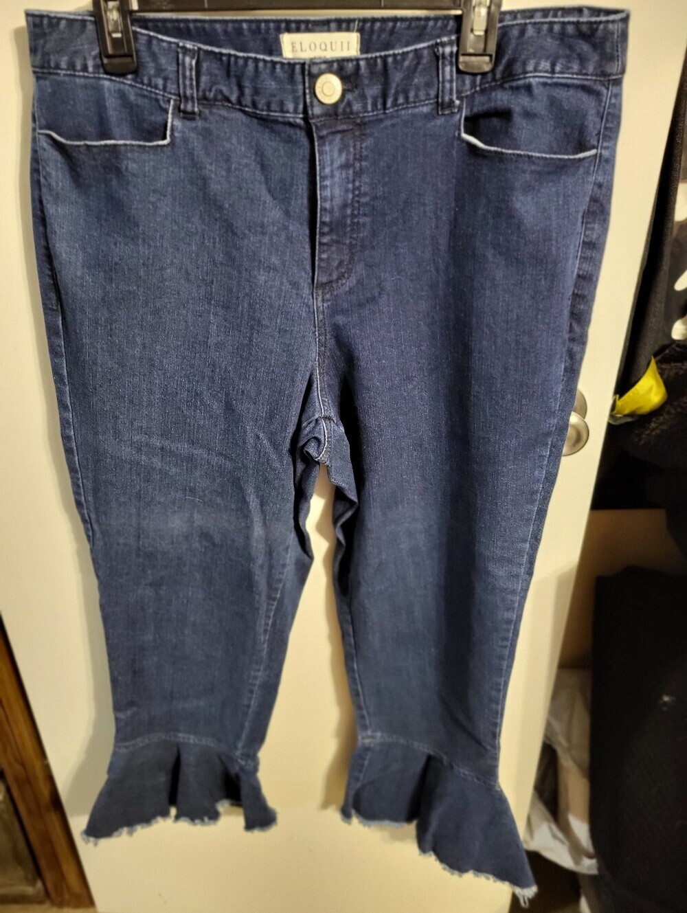 Eloquii Dark Wash High Rise Ruffle Flare Cropped Jeans - Size 14